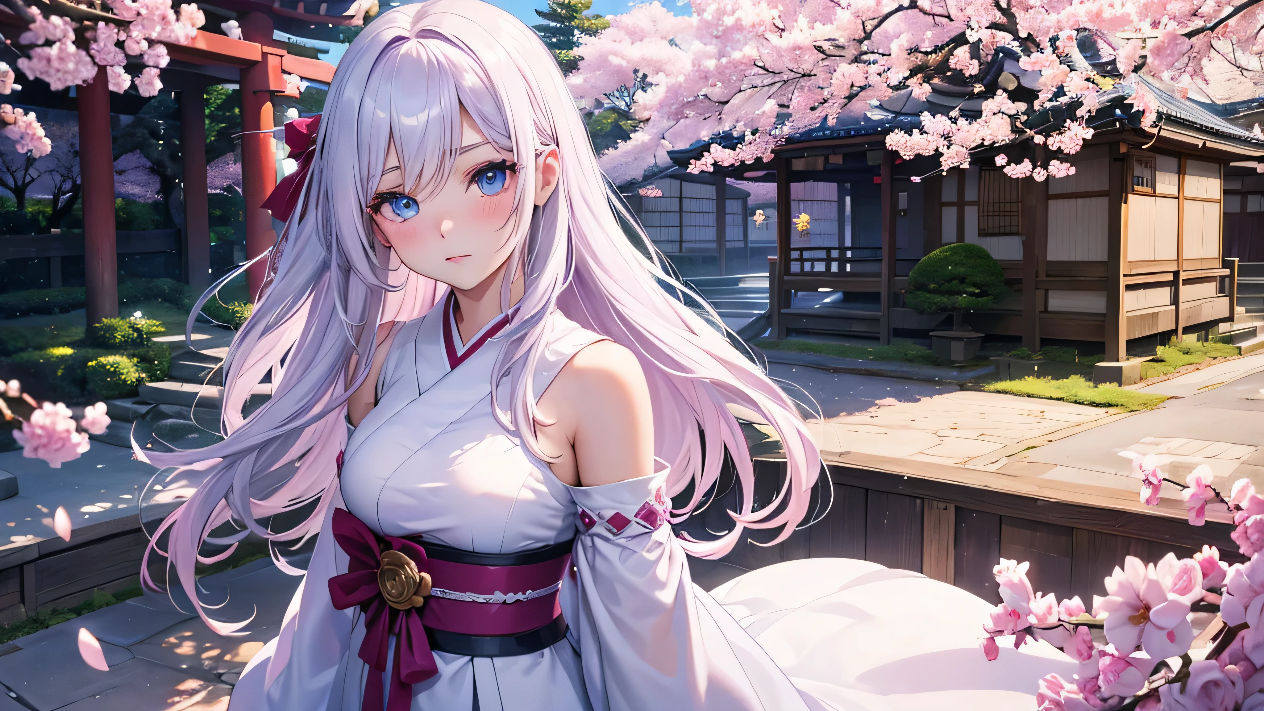 Leauge of legends, adult lux, white long hair, blue eyes, long eyelash, big eyes, cute face, pretty face, pink blush, pretty white shine dress, long purple nails, standing in japan, cherry tree