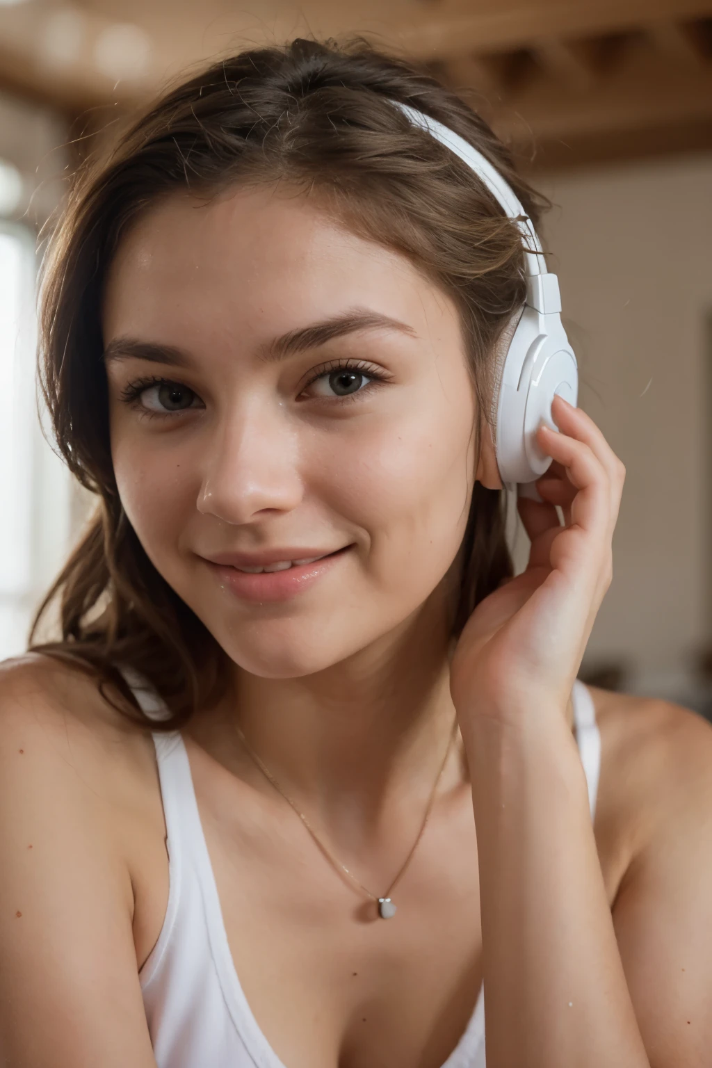 ultra-realistic, very beautiful, 20 years old, listening to music with headphones, at home, eyes closed, slight smile, in underwear