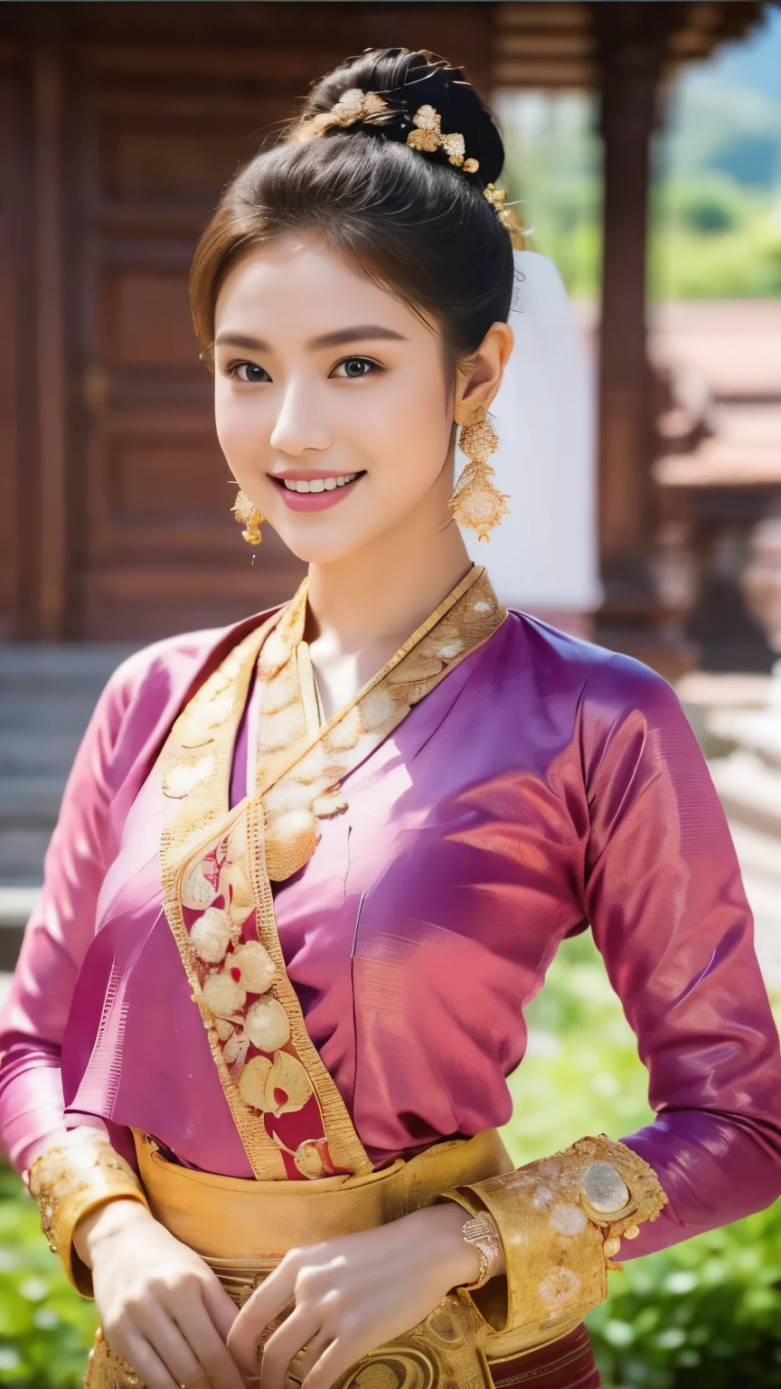 Subject: Capturing the Essence of Tai Khun Beauty

Concept: A high-resolution photorealistic portrait of a young woman embodying the elegance and charm of Tai Khun culture.

Visual Details:

Central Figure: A young woman with captivating dimples, her smile illuminating her face.
Attire: An exquisite Keng Tong Tai Khun traditional outfit, meticulously rendered in every detail. Vibrant fabrics, intricate embroidery, and gleaming gold bangles, necklaces, and earrings add layers of opulence.
Hairstyle: A gracefully messy bun adorned with fresh, locally sourced flowers, secured by a delicate gold pin.
Accessories: Emphasize the cultural significance of each piece – ornate earrings symbolizing prosperity, layered necklaces representing family ties, and intricately patterned bangles showcasing artistic heritage.
Pose: Confident and poised, standing full-length against the backdrop of the ancient Bagan temples.
Background: The majestic Bagan temples bathed in the soft hues of dawn or dusk, capturing the spiritual and historical essence of Myanmar.
Technical Specifications:

Resolution: 4K (or higher) for exceptional clarity and detail.
Lighting: Soft and natural, highlighting the woman's features and the intricate textures of the costume.
Depth of Field: Shallow depth of field to draw focus to the woman and blur the background, creating a sense of intimacy and grandeur.
Additional Notes:

Consider incorporating subtle imperfections on the costume and jewelry to enhance realism and historical accuracy.
Ensure the facial features are consistent with Tai Khun ethnic characteristics while maintaining an overall sense of beauty and individuality.
Capture the subtle emotional nuances in the woman's smile, hinting at a sense of pride and cultural connection.
Overall Vision: Create a visually stunning and culturally sensitive portrait that celebrates the rich heritage and captivating beauty of Tai Khun women.