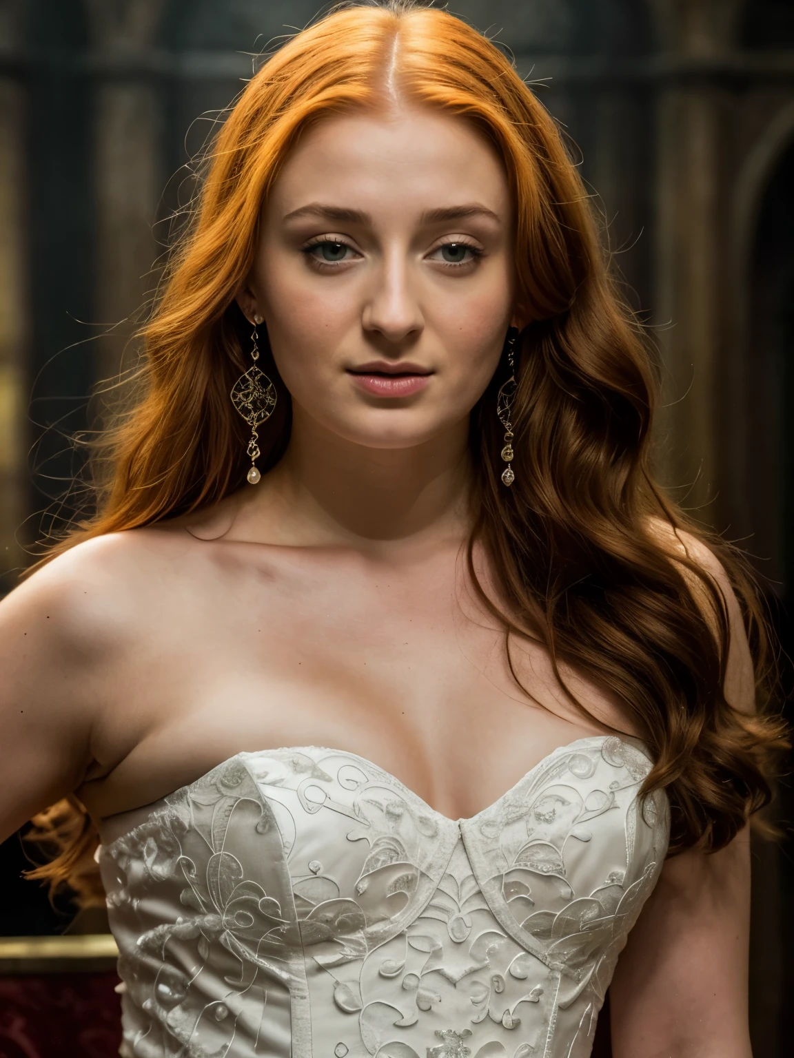 Foto RAW, Sansa Stark PLAYED BY SOPHIE TURNER Ned and Cat's oldest daughter. Demure and ladylike, her dream to marry Prince Joffrey. Her direwolf named Lady , Game of Thrones Series, (pele altamente detalhada: 1.2), 8k UHD, DSLR, soft-lighting, alta qualidade, grain of film, Fujifilm XT3