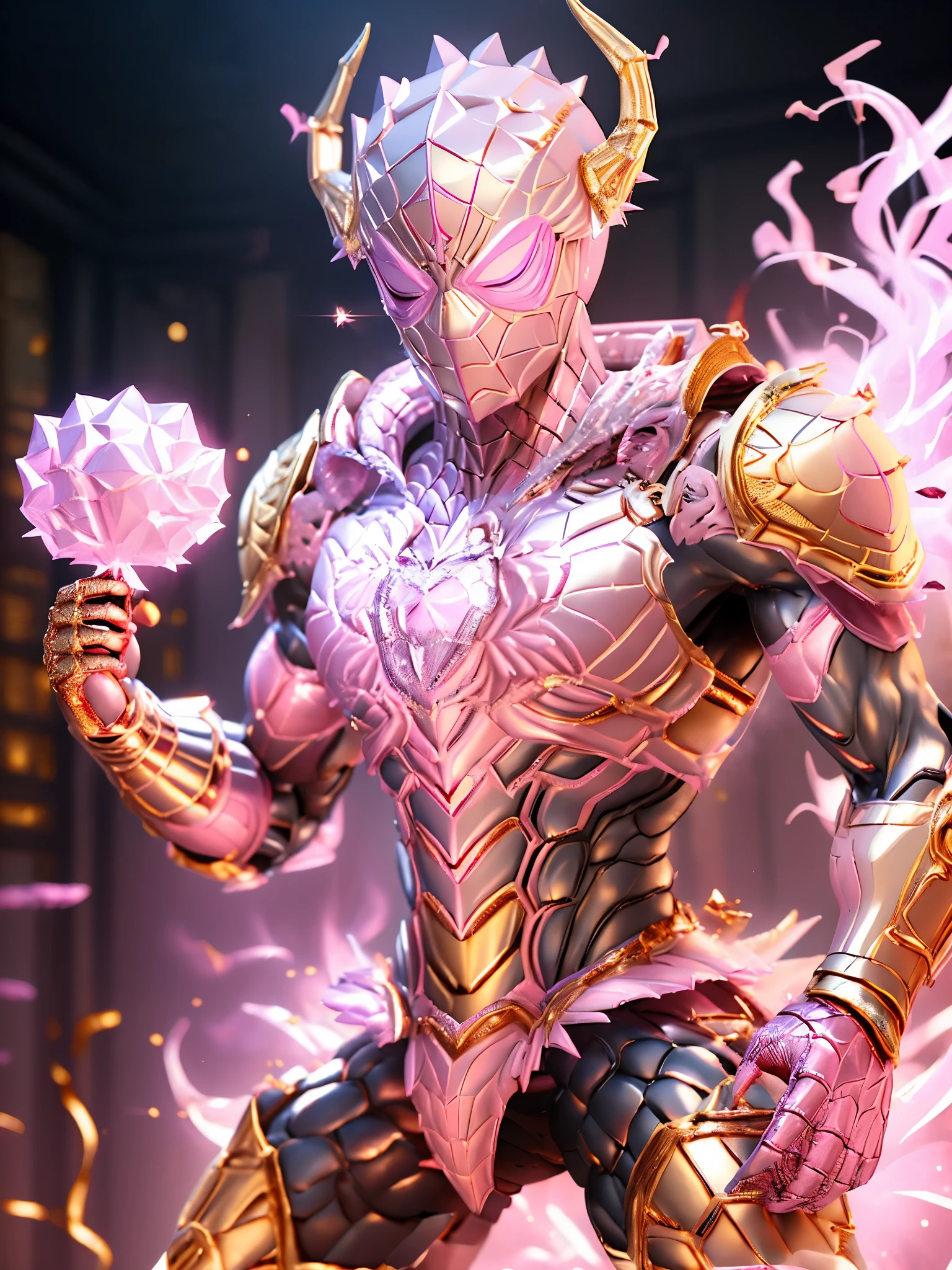 Spiderman, (gold, Pink:1.5), DRAGON HEAD, HEAVY CRYSTAL ARMOR, TRANSPARANT, ABS, colourful smoke around the character