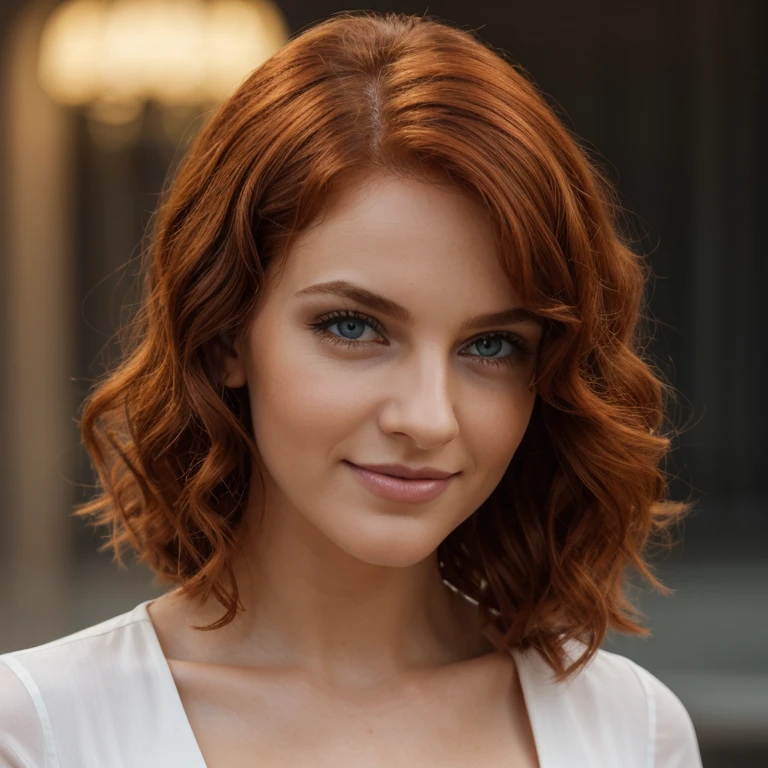 Girl with red curly hair, weiches intensiv rotes Haar, klare, real green eyes, lange dunkelschwarze echte Wimpern, Perfekt geformte dunkelschwarze echte Augenbrauen, dark caramel brown genuine leather, kurvige Figur, elegant thin real nose, kleine echte Ohren, volle echte Lippen, white real teeth, kleine, weiche, high resolution, Meisterwerk, best quality, komplizierte hohe Detailgenauigkeit, Sehr detailliert, scharfer Fokus, detaillierte Haut, realistische Hautstruktur, echte Hautstruktur, detaillierte Augen, Fachmann, wahres Leben, Fotorealismus, Fotografie, realistic Fotografie, UHD, Foto RAW