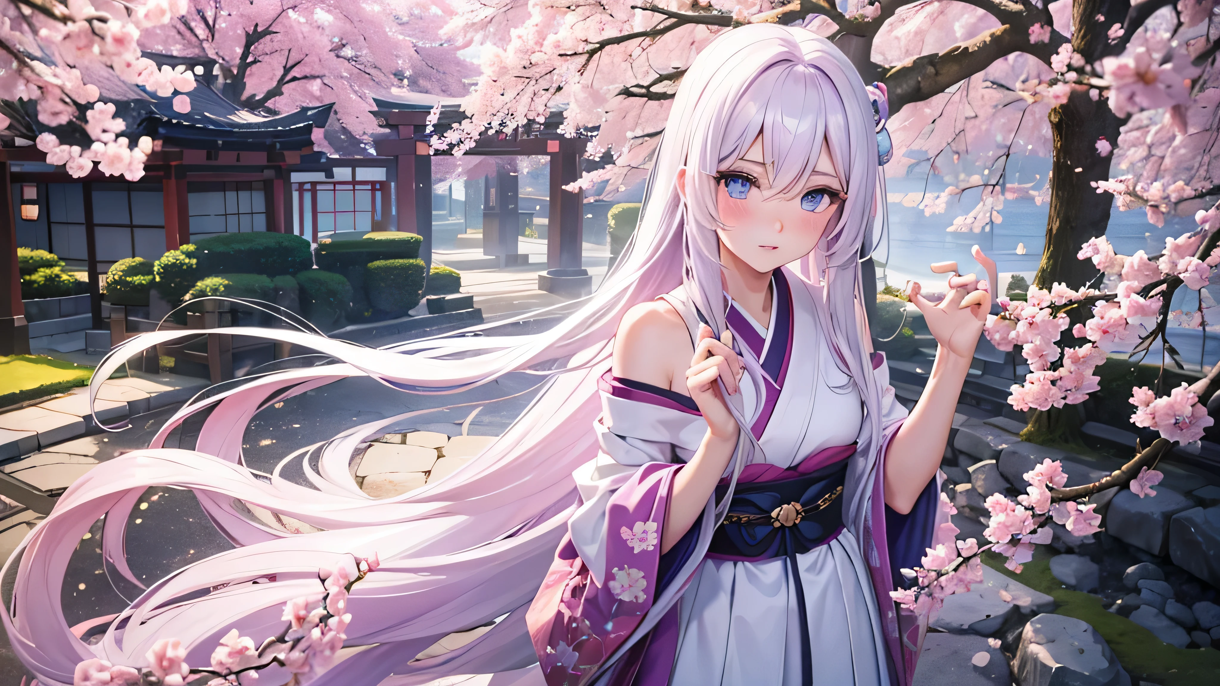 Leauge of legends, adult lux, white long hair, blue eyes, long eyelash, big eyes, cute face, pretty face, pink blush, pretty white shine dress, long purple nails, standing in japan, cherry tree, japanese face