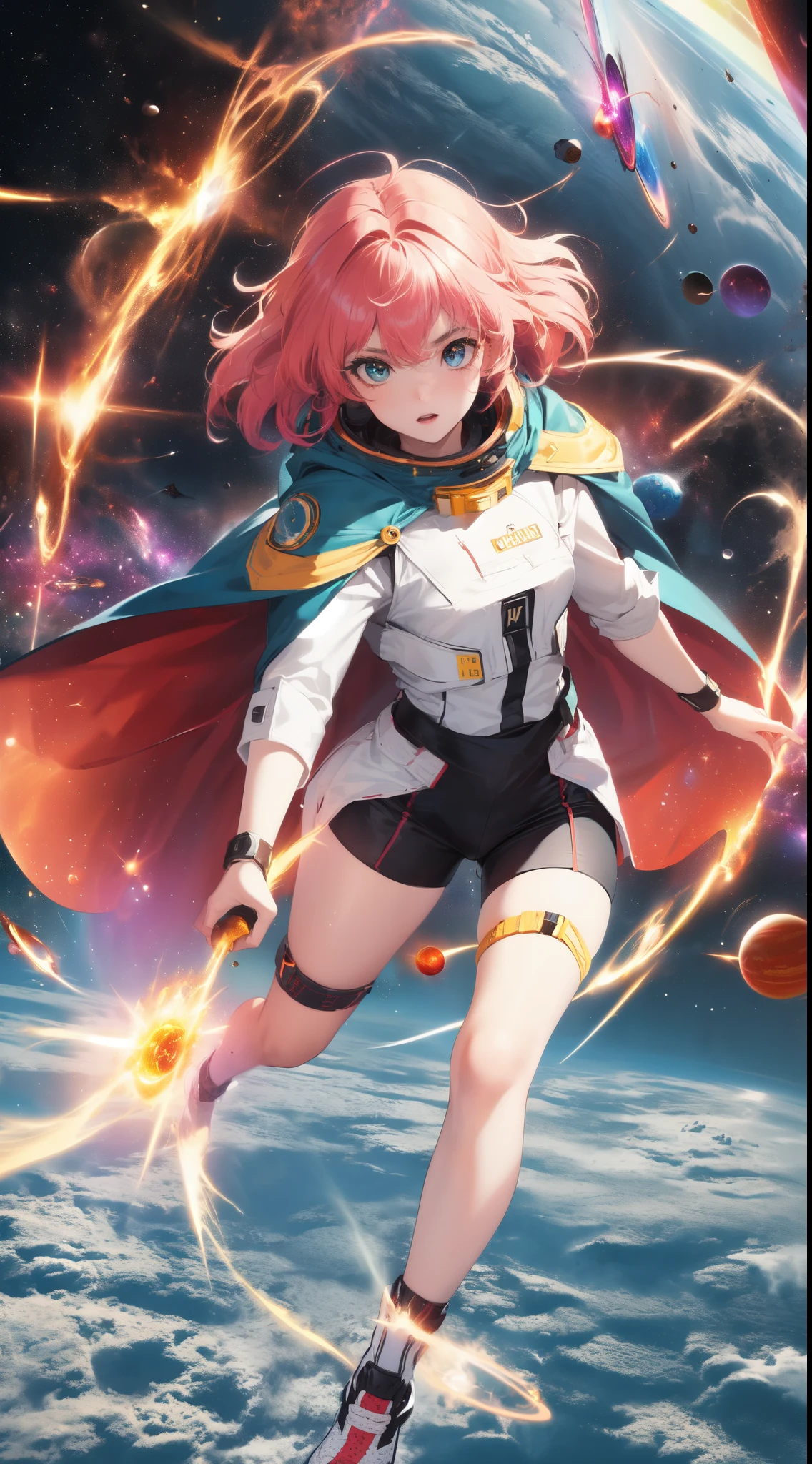 ((a girl with a hero&#39;s cape and an aura of energy around her body flying in outer space towards 2 colliding planets)), (obra de arte), (obra prima), (max quality), (uma vista de baixo para acima e o campo aberto abaixo), (olhos detalhados), green eyes, pink hair, starry night sky, endless cosmos in the background, cosmic skies, 8k, art wallpaper, olhos brilhando de energia