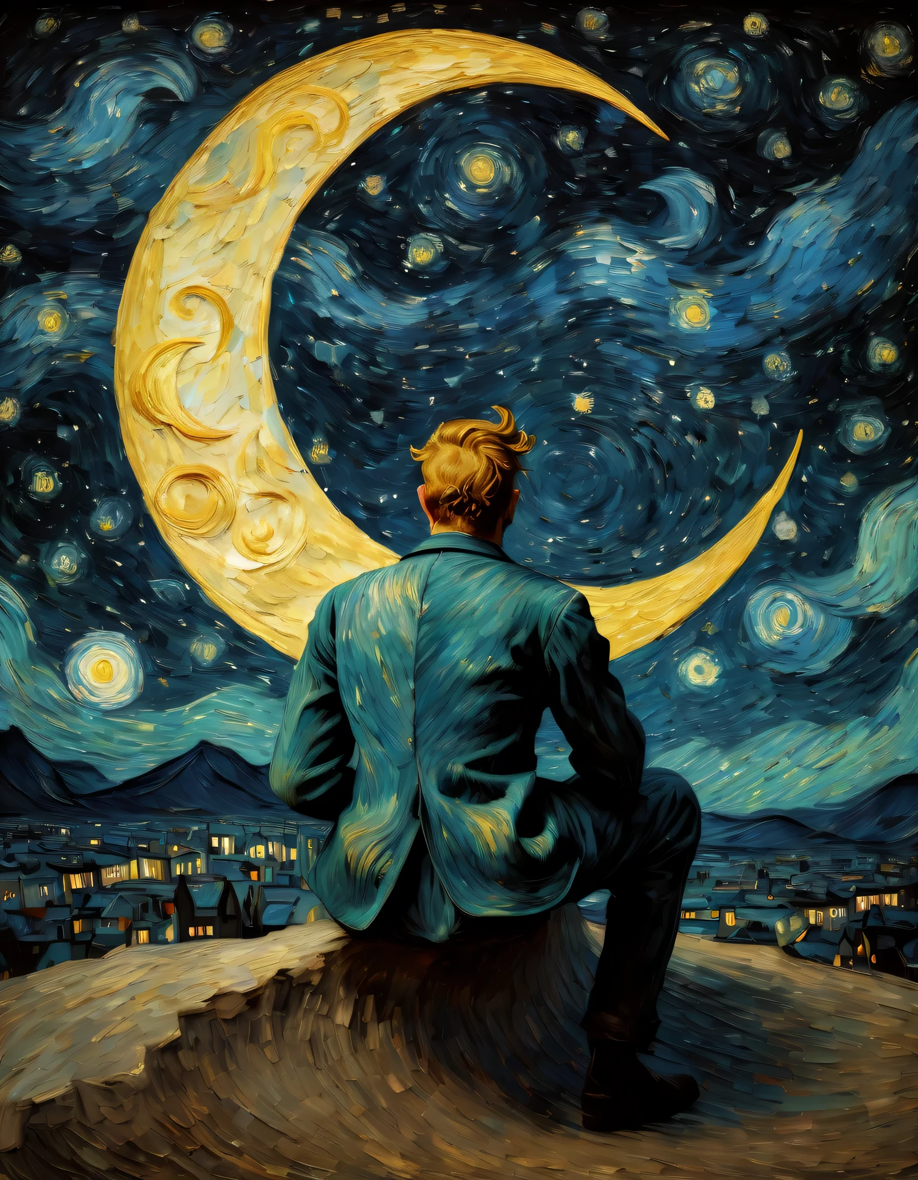 Vincent van Gogh sitting on a crescent moon in the sky looking at the starry nights