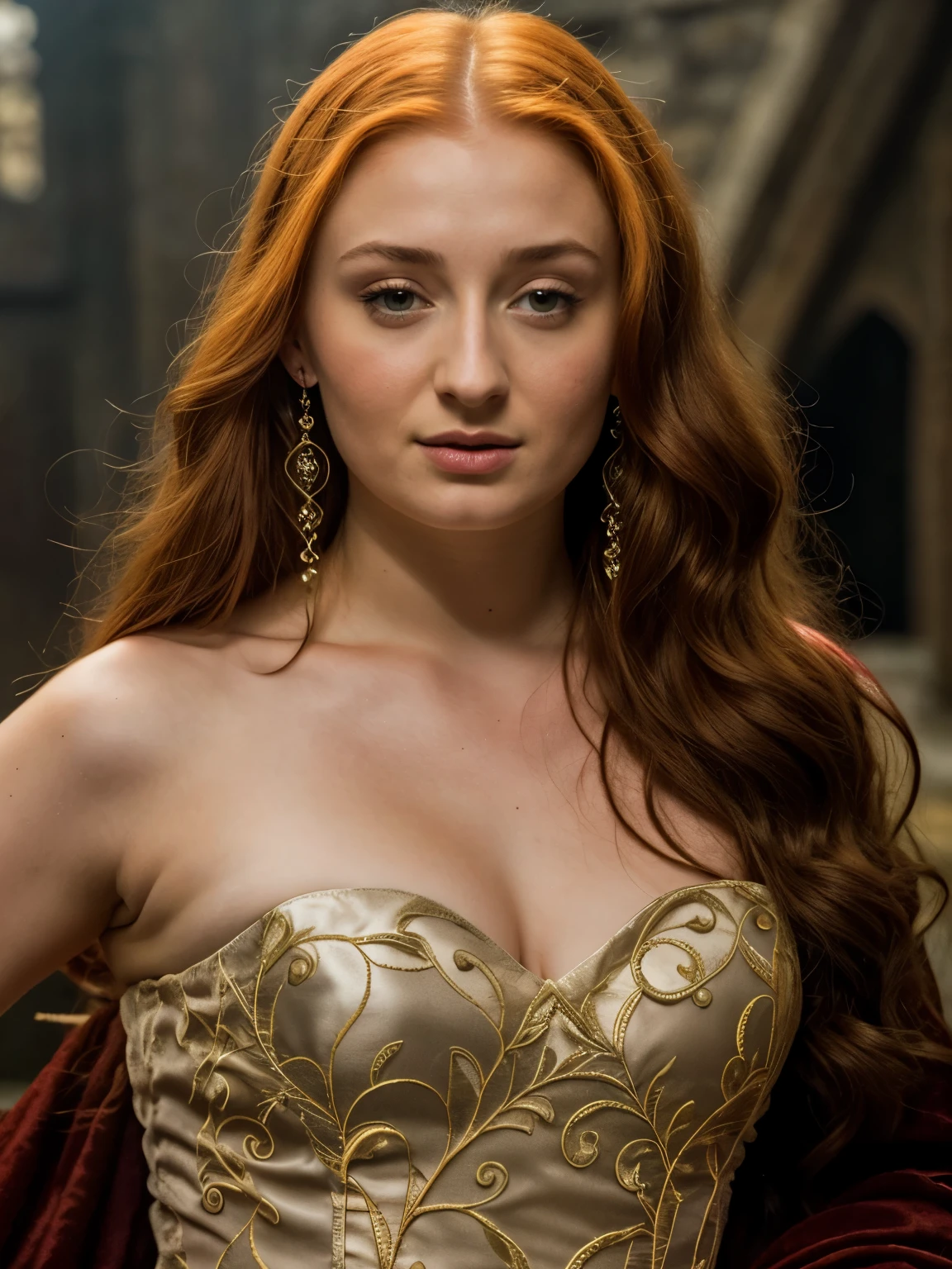 Foto RAW, Sansa Stark PLAYED BY SOPHIE TURNER Ned and Cat's oldest daughter. Demure and ladylike, her dream to marry Prince Joffrey. Her direwolf named Lady , Game of Thrones Series, (pele altamente detalhada: 1.2), 8k UHD, DSLR, soft-lighting, alta qualidade, grain of film, Fujifilm XT3