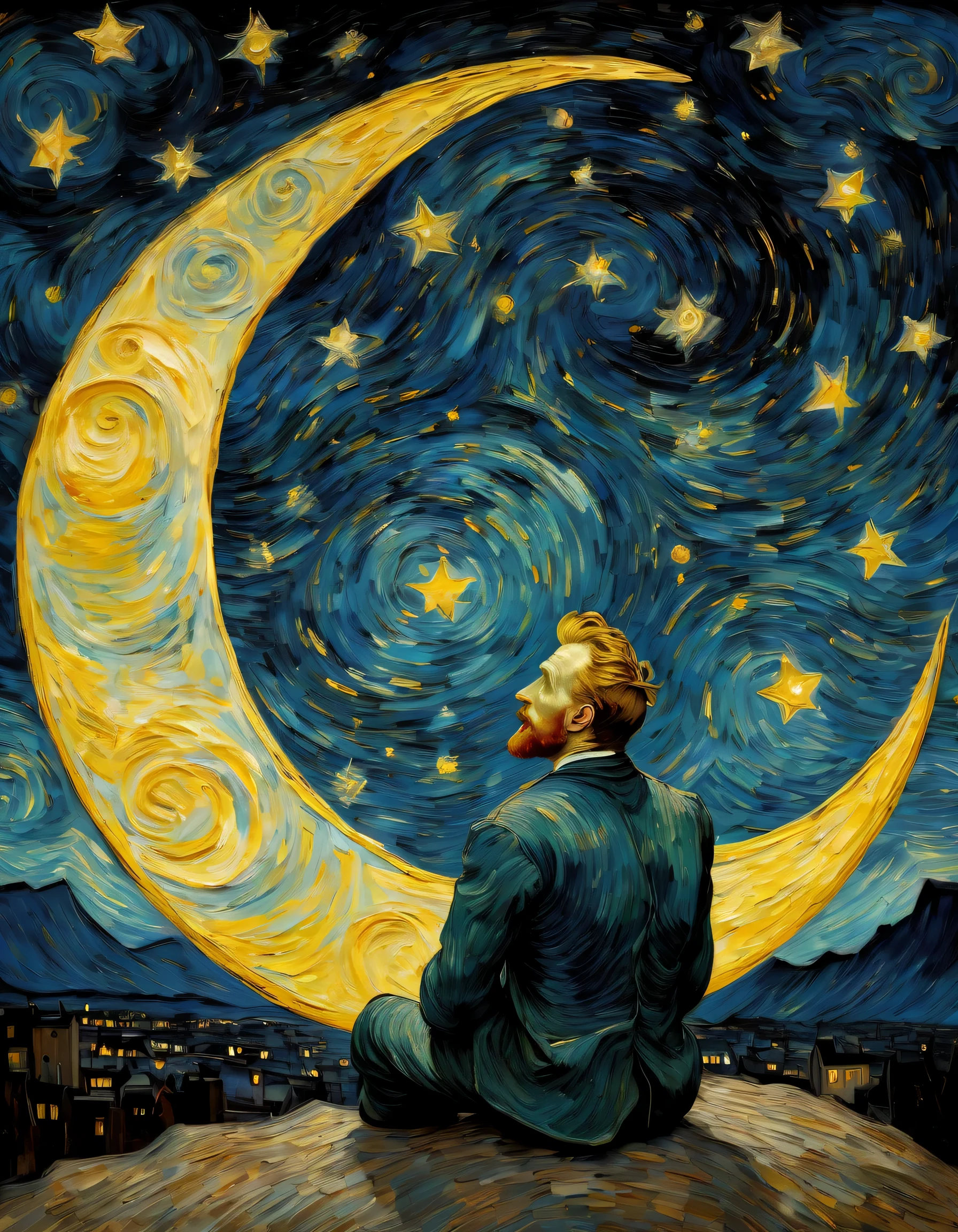 Vincent van Gogh sitting on a crescent moon in the sky looking at the starry nights