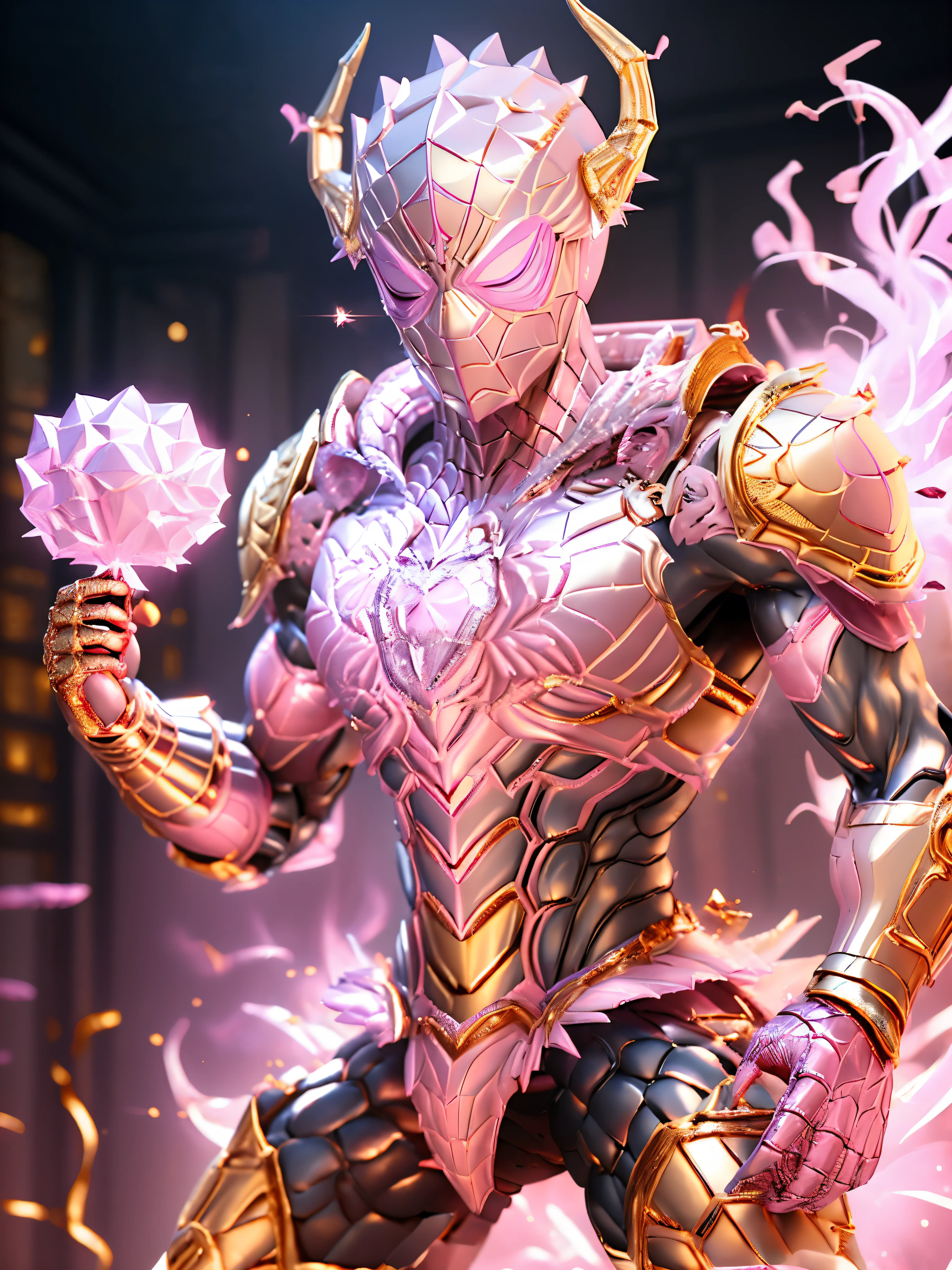  Spiderman, (gold, Pink:1.5), DRAGON HEAD, HEAVY CRYSTAL ARMOR, TRANSPARANT, ABS, colourful smoke around the character