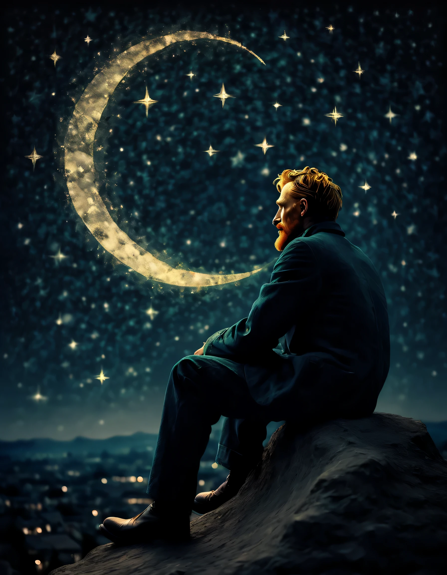 Vincent van Gogh sitting on a crescent moon in the sky looking at the starry nights