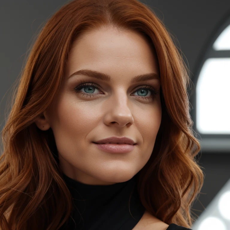 Girl with red curly hair, weiches intensiv rotes Haar, klare, real green eyes, lange dunkelschwarze echte Wimpern, Perfekt geformte dunkelschwarze echte Augenbrauen, dark caramel brown genuine leather, kurvige Figur, elegant thin real nose, kleine echte Ohren, volle echte Lippen, white real teeth, kleine, weiche, high resolution, Meisterwerk, best quality, komplizierte hohe Detailgenauigkeit, Sehr detailliert, scharfer Fokus, detaillierte Haut, realistische Hautstruktur, echte Hautstruktur, detaillierte Augen, Fachmann, wahres Leben, Fotorealismus, Fotografie, realistic Fotografie, UHD, Foto RAW, schwarzes Kleid 