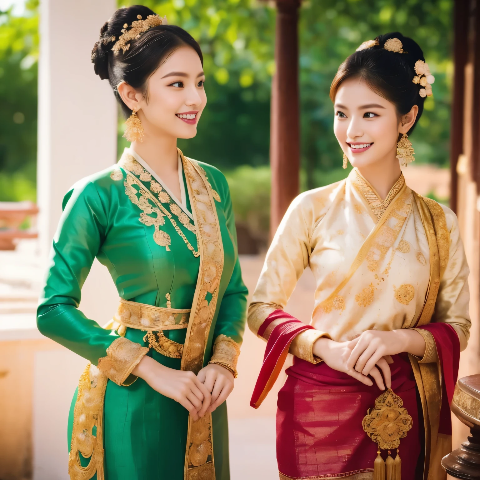Capturing the Essence of Tai Khun Beauty.
A high-resolution photorealistic portrait of a young woman embodying the elegance and charm of Tai Khun culture.
Visual Details:
Central Figure: A young woman with captivating dimples, her smile illuminating her face.
Attire: An exquisite Keng Tong Tai Khun traditional outfit, meticulously rendered in every detail. Vibrant fabrics, intricate embroidery, and gleaming gold bangles, necklaces, and earrings add layers of opulence.
Hairstyle: A gracefully messy bun adorned with fresh, locally sourced flowers, secured by a delicate gold pin.
Accessories: Emphasize the cultural significance of each piece – ornate earrings symbolizing prosperity, layered necklaces representing family ties, and intricately patterned bangles showcasing artistic heritage.
Pose: Confident and poised, standing full-length against the backdrop of the ancient Bagan temples.
Background: The majestic Bagan temples bathed in the soft hues of dawn or dusk, capturing the spiritual and historical essence of Myanmar.
Technical Specifications:
Resolution: 4K (or higher) for exceptional clarity and detail.
Lighting: Soft and natural, highlighting the woman's features and the intricate textures of the costume.
Depth of Field: Shallow depth of field to draw focus to the woman and blur the background, creating a sense of intimacy and grandeur.
Additional Notes:
Consider incorporating subtle imperfections on the costume and jewelry to enhance realism and historical accuracy.
Ensure the facial features are consistent with Tai Khun ethnic characteristics while maintaining an overall sense of beauty and individuality.
Capture the subtle emotional nuances in the woman's smile, hinting at a sense of pride and cultural connection.
Overall Vision: Create a visually stunning and culturally sensitive portrait that celebrates the rich heritage and captivating beauty of Tai Khun women.