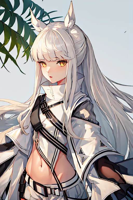 best quality, masterpiece, highres, solo, {platinum_arknights:1.15}, animal_ears, long_hair, bangs, horse_ears, white_hair, animal_ear_fluff, yellow_eyes, upper_body, very_long_hair, brown_eyes, 1girl, looking_at_viewer, simple_background, white_background, high_collar, parted_lips, portrait, sidelocks, white_jacket