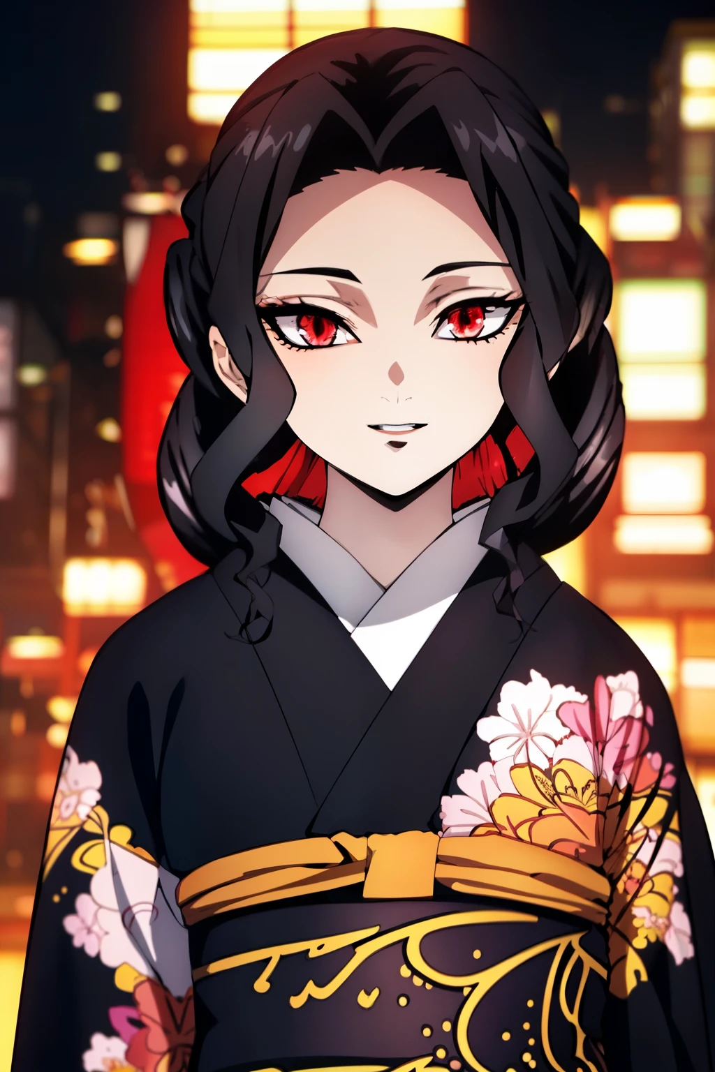 masterpiece, highest quality, ultra high resolution, highest quality, anime style, best writing, beautiful face, (black kimono:1.3), 1 female, beautiful face, beautiful kimono, black hair, beautiful makeup, Upper body, red eyes, Cat pupil, City of night, best smile, upper body, turn your body to the left