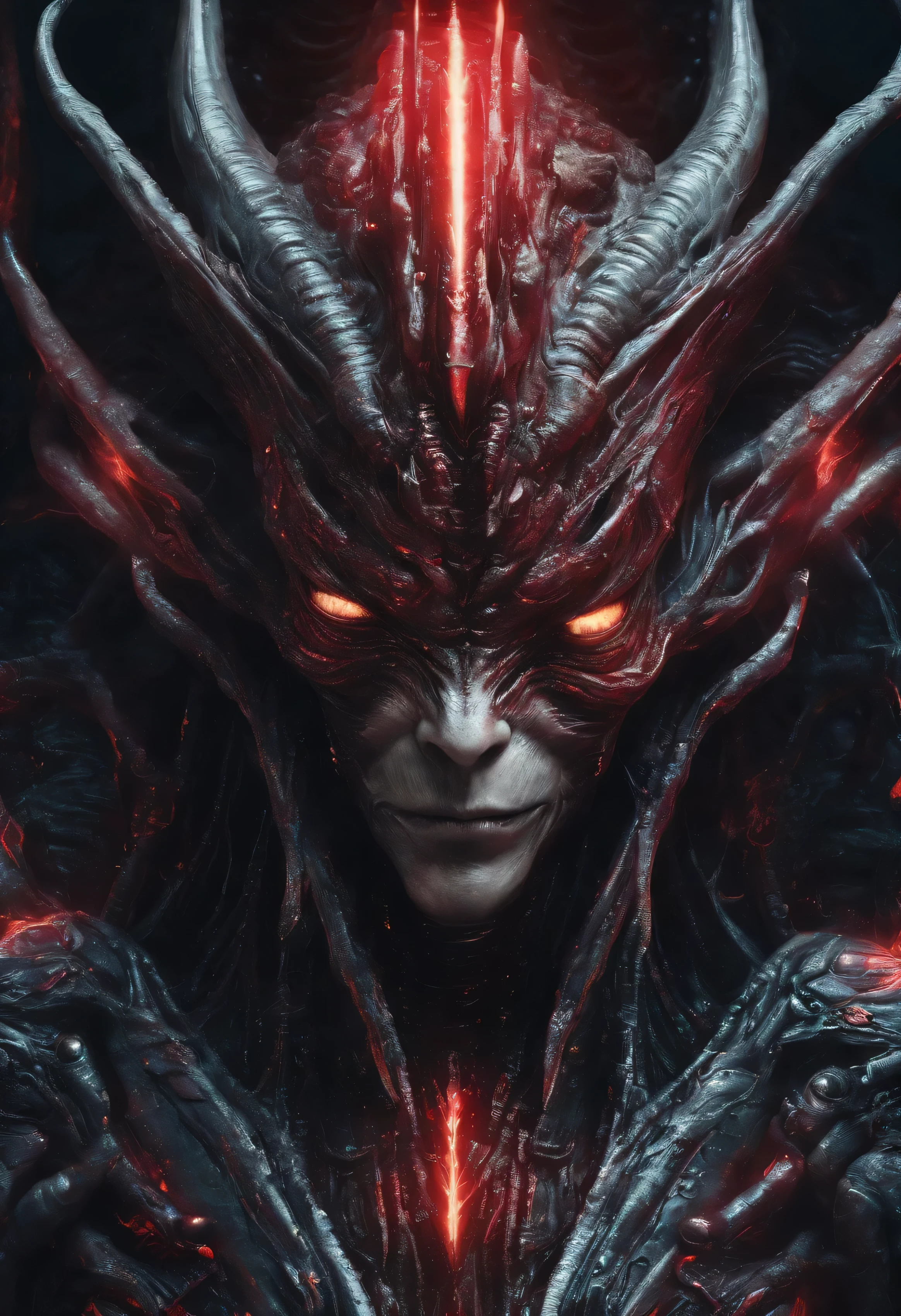 Satanic monster, subsurface scattering, shiny wet skin, bleeding eyes, hyper-realism, strong impressionist painting style, 1.618, elegant, ethereal, intricate, elaborate, hyper-realism, hyper-detailed, strong expressiveness and emotionality, cinematic lighting, visual clarity