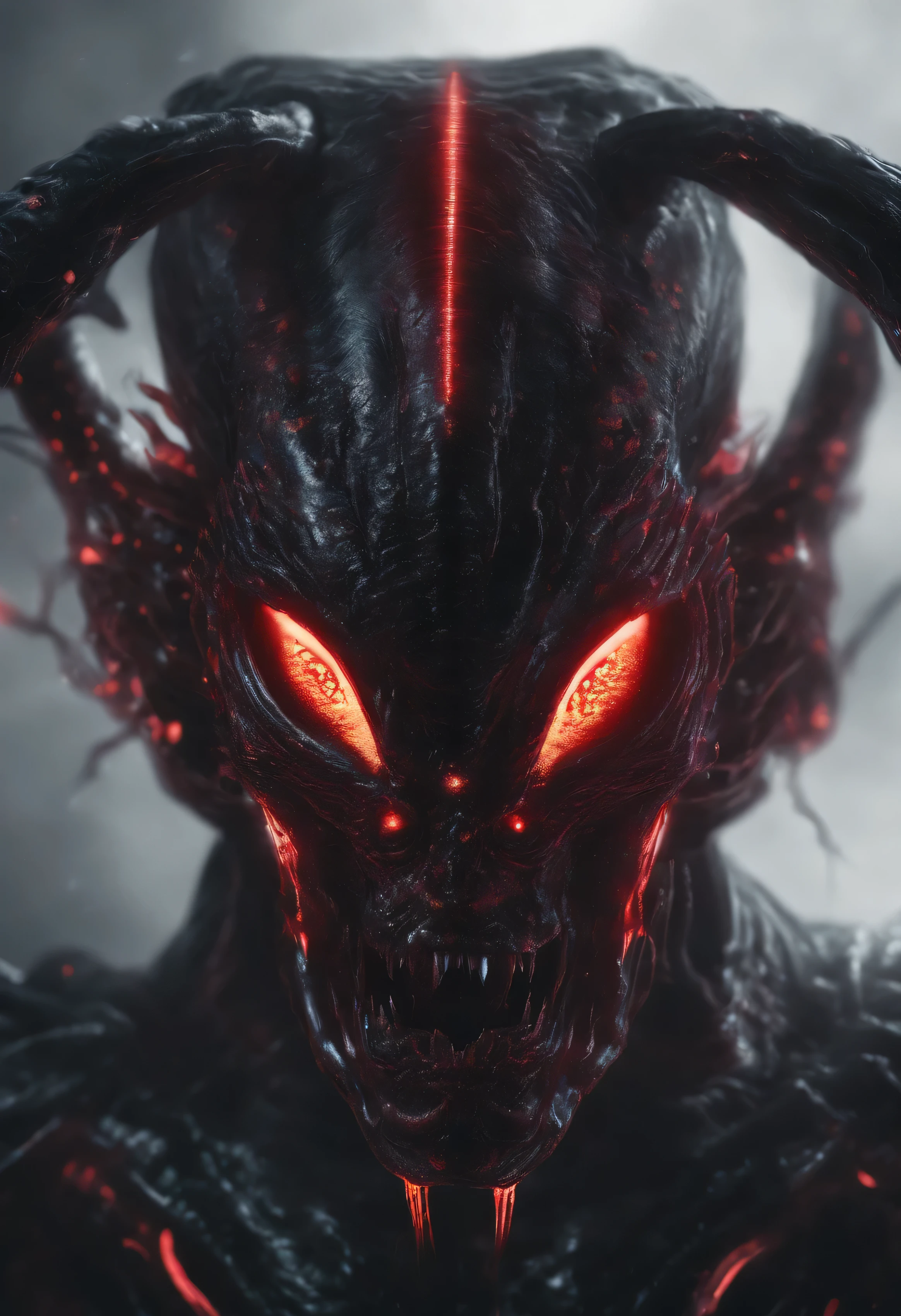Close-up of a demon with glowing eyes, spectral, nasty, ultra detailed, Dark ambient, Red color, masterpiece.