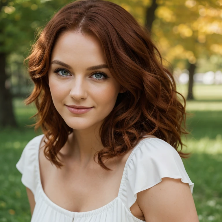 Girl with red curly hair, weiches intensiv rotes Haar, klare, real green eyes, lange dunkelschwarze echte Wimpern, Perfekt geformte dunkelschwarze echte Augenbrauen, dark caramel brown genuine leather, kurvige Figur, elegant thin real nose, kleine echte Ohren, volle echte Lippen, white real teeth, kleine, weiche, high resolution, Meisterwerk, best quality, komplizierte hohe Detailgenauigkeit, Sehr detailliert, scharfer Fokus, detaillierte Haut, realistische Hautstruktur, echte Hautstruktur, detaillierte Augen, Fachmann, wahres Leben, Fotorealismus, Fotografie, realistic Fotografie, UHD, Foto RAW, in the park with white dress