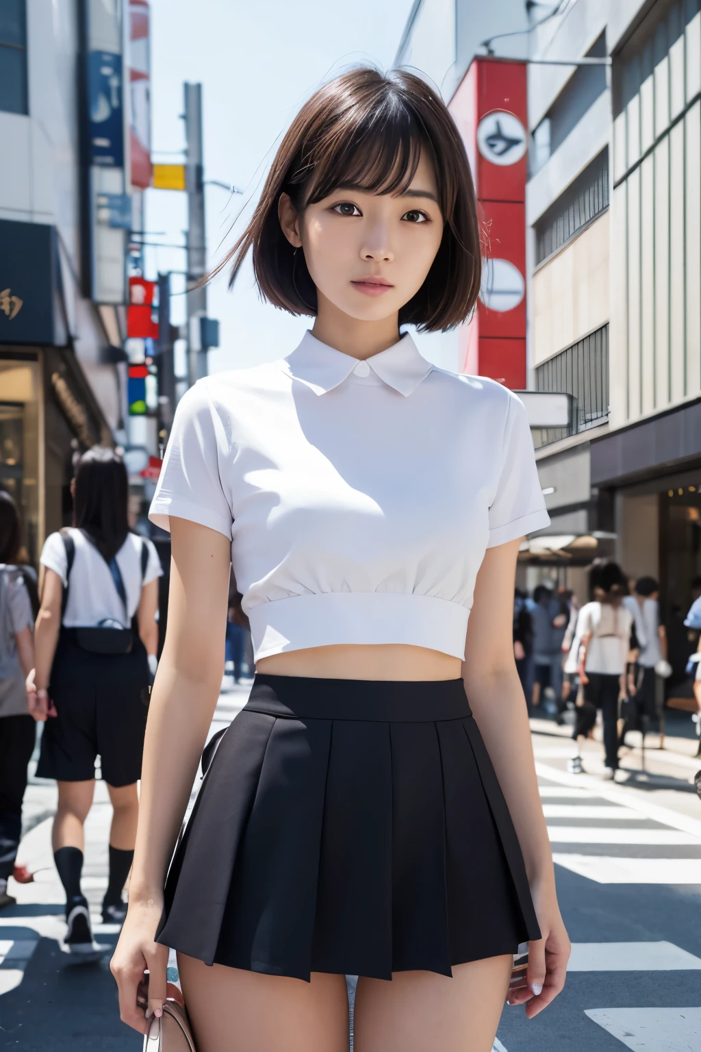 https://s.mj.run/oozcj4N-iLA A Japanese couple, a clumsy boy + a very cute and sensual girl dressed in a short top and miniskirt , in the background a Tokyo street in broad daylight, in a modern version, color photo, precise uniforms and clothes of the time, realistic image quality, effect modern, photorealistic rendering, sharp focus, professional lighting setup, extremely detailed, high quality,