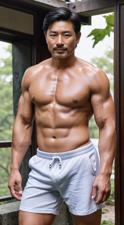 Middle-aged Korean man, 70 years old, brown eyes, dark eyebrows, mustache, long male beard, white hair, gray hair, hair parted in the middle, masculine lips, high nose, good figure, plump body, bear body, a little fat, big muscles, has upper muscles....Good muscles, arm muscles, leg muscles, big muscles, big and strong body. Big chest muscles, plump body, pink nipples, a bit of hair, wearing ManU footballer shorts, big middle......Pae Tung is the second largest. No clothes, extremely naked, chest hair, stomach hair, armpit hair, large bulges in underwear, realistic, high resolution. Standing at a forest waterfall The resolution of arms and legs, white skin, plump skin, skin wet with sweat, large and plump muscles. Face resolution, Gong Yoo, handsome man, short hair, portrait, Gong Yoo, high resolution 50k, camera photo, eyes looking at the camera, man, Gong Yoo..... Handsome, big muscles, six pack, handsome...... Age 70, like the real Gong Yoo, middle-aged man, big muscles, plump, plump body, gray hair, white, white mustache.