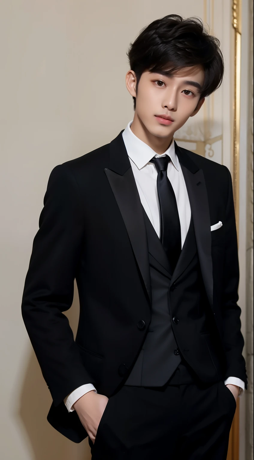 1 boy, black pants, black blazer, white long sleeve shirt, black tie, panama hat, suit chain, cute, , charismatic, cold, elegant, background mansion, below average height, black cold perm hair cut , brown eyes, Korean