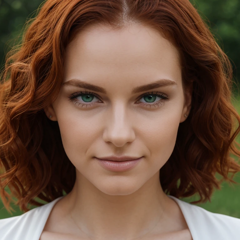 Girl with red curly hair, weiches intensiv rotes Haar, klare, real green eyes, lange dunkelschwarze echte Wimpern, Perfekt geformte dunkelschwarze echte Augenbrauen, dark caramel brown genuine leather, kurvige Figur, elegant thin real nose, kleine echte Ohren, volle echte Lippen, white real teeth, kleine, weiche, high resolution, Meisterwerk, best quality, komplizierte hohe Detailgenauigkeit, Sehr detailliert, scharfer Fokus, detaillierte Haut, realistische Hautstruktur, echte Hautstruktur, detaillierte Augen, Fachmann, wahres Leben, Fotorealismus, Fotografie, realistic Fotografie, UHD, Foto RAW, sexy