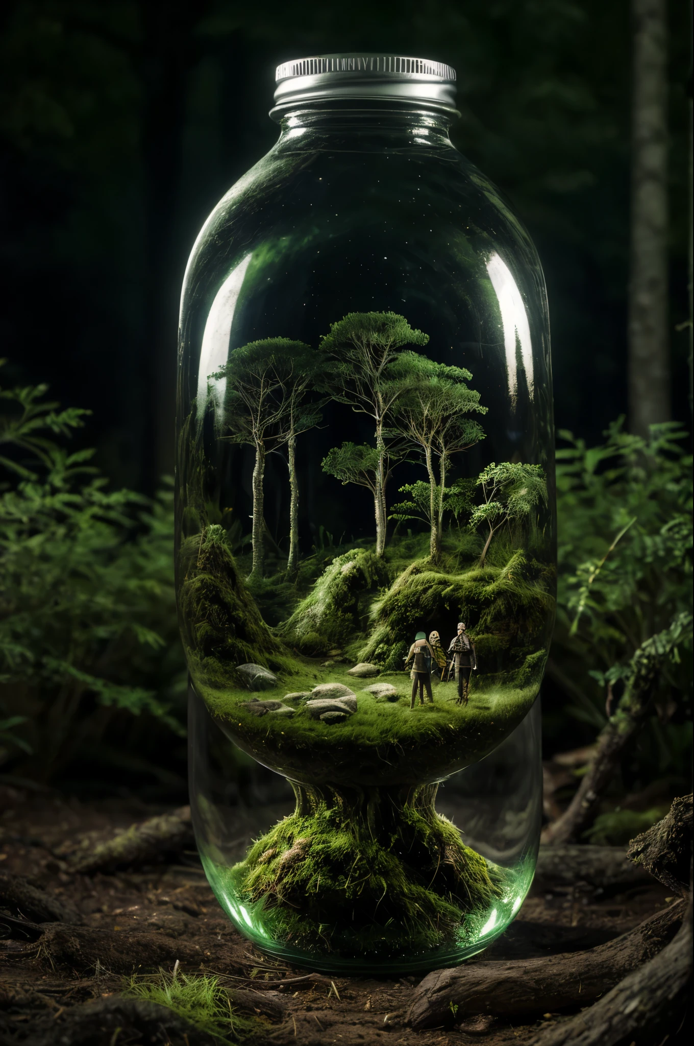 (An intricate forest minitown landscape trapped in a bottle), atmospheric oliva lighting, on the  table, 4k UHD, dark vibes, hyper detailed, vibrant colours forest background, epic composition, octane render, sharp focus, high resolution isometric, bubblerealm