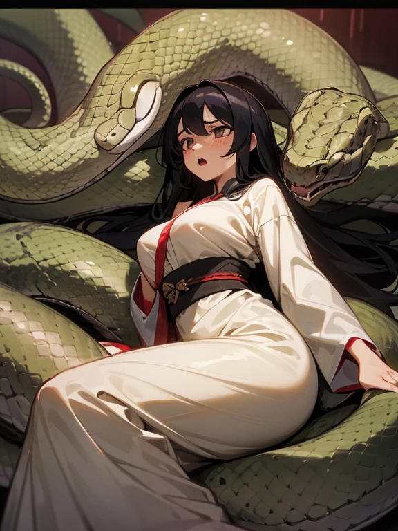 girl lays on a bed, 1girl, solo, breasts, ,black hair, long hair ,((lying on back)), (pajamas:1.0), white pajamas, (Background: Bedroom with tatami mats), on the bed sheet, (surrounded by snakes), lying, on back, (large breasts), flustered face, surprised face, confused, scared, panicking, (upset:1.0), open mouth, sweat, (snakes 1.5), (anaconda), (big snake), (coiled snake), (snake tail),pretty girl, (looking up:1.0), night, steam, best quality,detailed,high resolution,