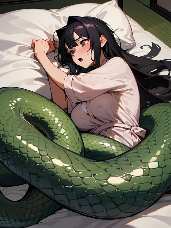 girl lays on a bed, 1girl, solo, breasts, ,black hair, long hair ,((lying on back)), (pajamas:1.0), white pajamas, (Background: Bedroom with tatami mats), on the bed sheet, (surrounded by snakes), lying, on back, (large breasts), flustered face, surprised face, confused, scared, panicking, (upset:1.0), open mouth, sweat, (snakes 1.5), (anaconda), (big snake), (coiled snake), (snake tail),pretty girl, (looking up:1.0), night, steam, best quality,detailed,high resolution,