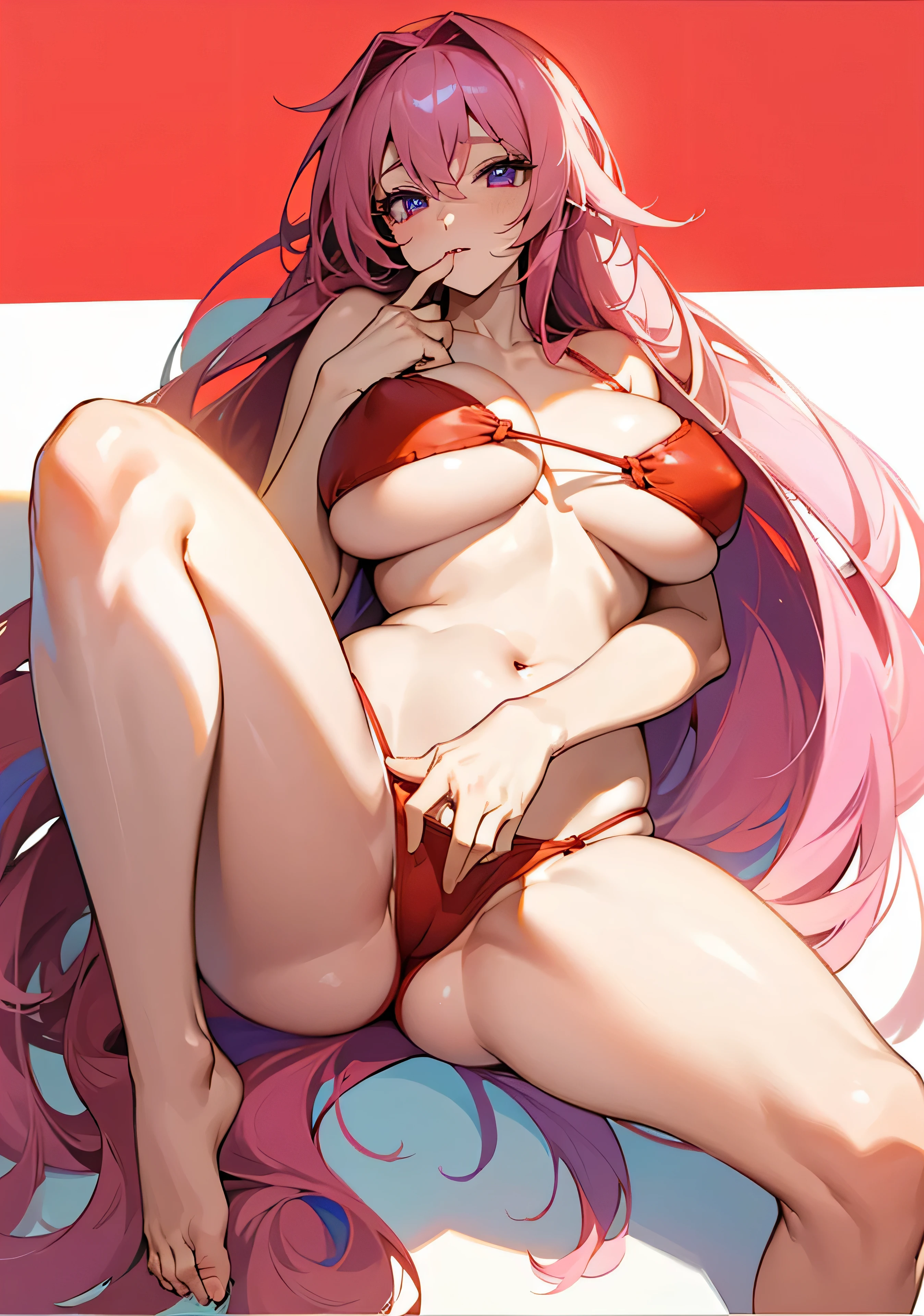 （masterpiece：1.6，best quality），（Eyes are thin and beautiful：1.2），（top of head），high quality，pretty face，huge，wide hips，convex, 丰满而Mature的女人,long pink hair,purple eyes, (red bikini : 1.3),  frontal photography, masterpiece, ((The background is blank: 1.3)), Frontal main light source，Mature, Performance, ，perfect anatomy，((White skin))，lie on the floor，bottom up photography，