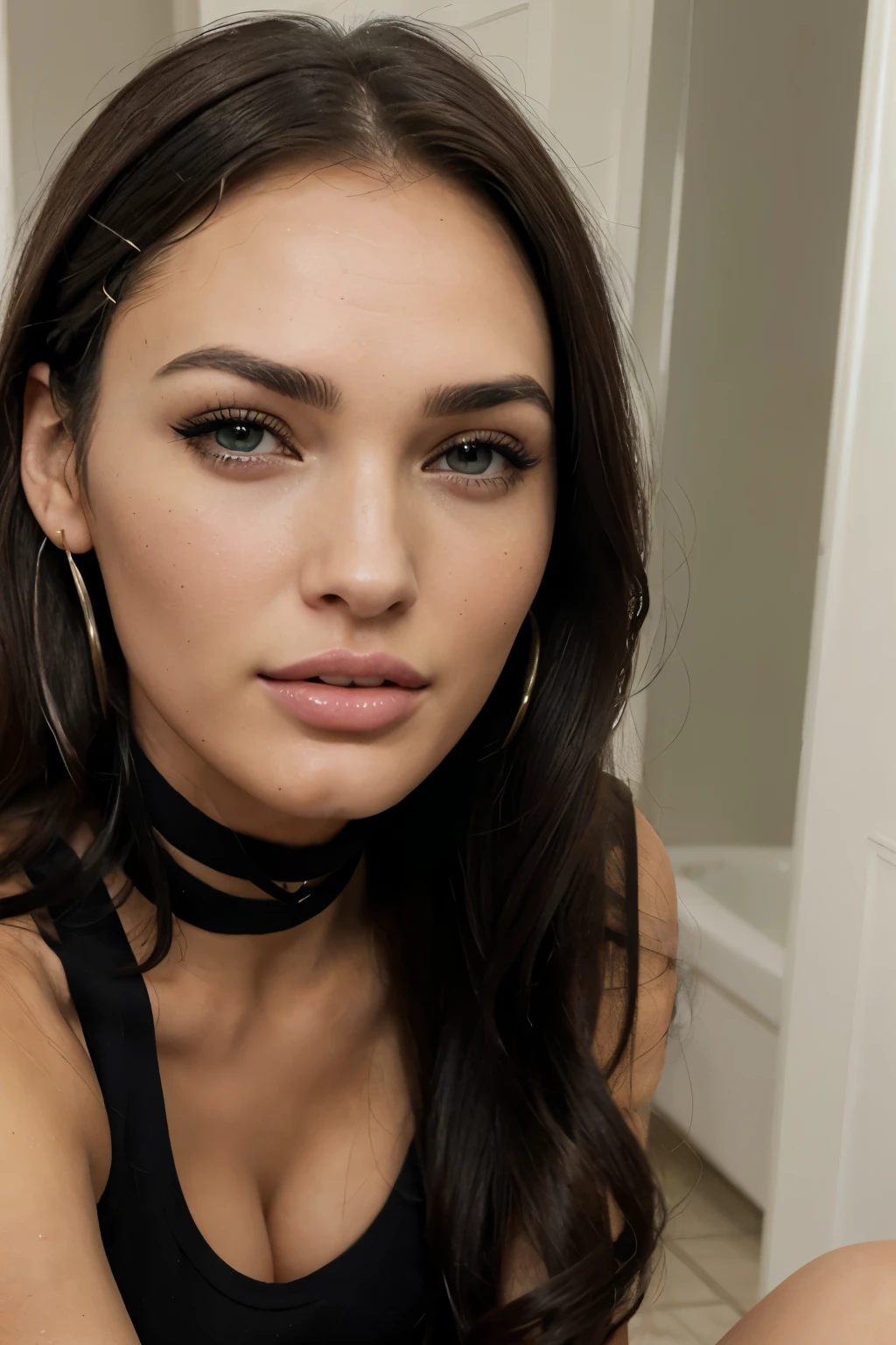 one woman Mix out of 5% Megan Fox and 15% Gal Gadot and 20% Blake Lively, intense green eyes, long black lashes, perfectly shaped black eyebrows, slim and well-defined body, curvy body, elegant thin nose, small ears, full lips, white teeth, small soft ladylike hands, painted fingernails, (((pov blowjob)))