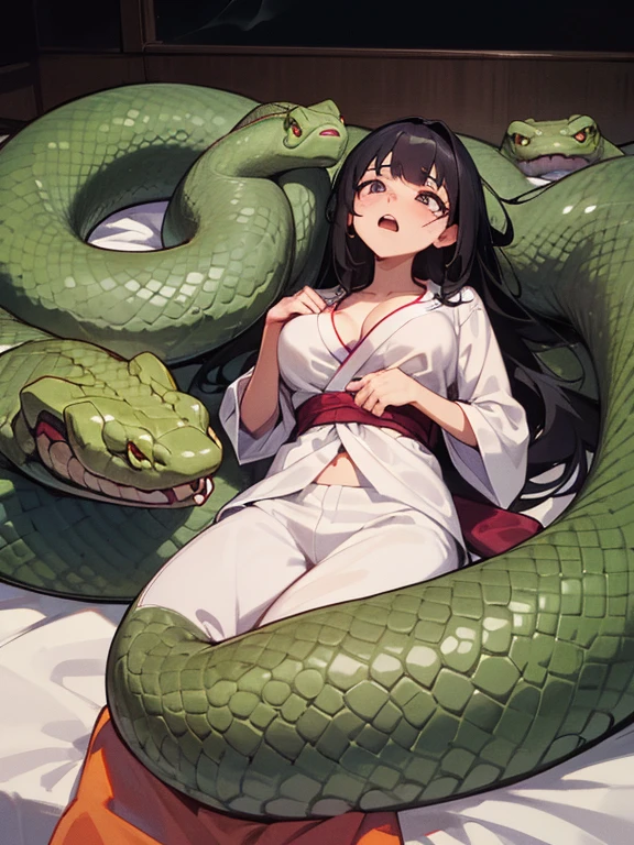 girl lays on a bed, 1girl, solo, breasts, ,black hair, long hair ,((lying on back)), (pajamas:1.0), white pajamas, (Background: Bedroom with tatami mats), on the bed sheet, (surrounded by snakes), lying, on back, (large breasts), flustered face, surprised face, confused, scared, panicking, (upset:1.0), open mouth, sweat, (snakes 1.5), (anaconda), (big snake), (coiled snake), (snake tail),pretty girl, (looking up:1.0), night, steam, best quality,detailed,high resolution,
