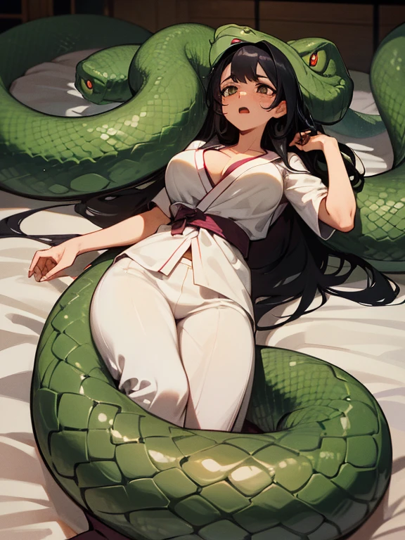 girl lays on a bed, 1girl, solo, breasts, ,black hair, long hair ,((lying on back)), (pajamas:1.0), white pajamas, (Background: Bedroom with tatami mats), on the bed sheet, (surrounded by snakes), lying, on back, (large breasts), flustered face, surprised face, confused, scared, panicking, (upset:1.0), open mouth, sweat, (snakes 1.5), (anaconda), (big snake), (coiled snake), (snake tail),pretty girl, (looking up:1.0), night, steam, best quality,detailed,high resolution,
