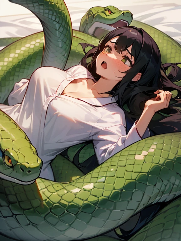nsfw, girl lays on a bed, 1girl, solo, breasts, ,black hair, long hair ,((lying on back)), (pajamas:1.0),  white pajamas, (Background: Bedroom with tatami mats), on the bed sheet, lying, on back, sleeping, (large breasts),blush,(embarrassed), surprised, (upset:1.0), parted lips, sweat, (snakes 1.5), (anaconda:1.5), (snake tail),pretty girl, (looking up:1.0), night, steam, best quality,detailed,high resolution,

