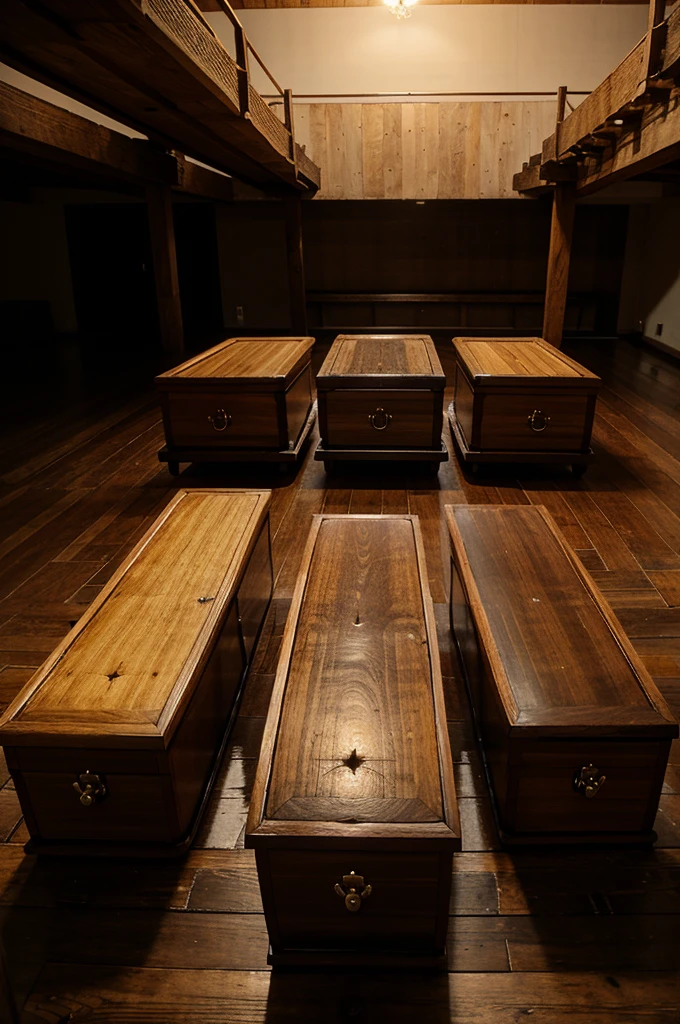 four large, closed wooden coffins on the floor, in a dark and empty place