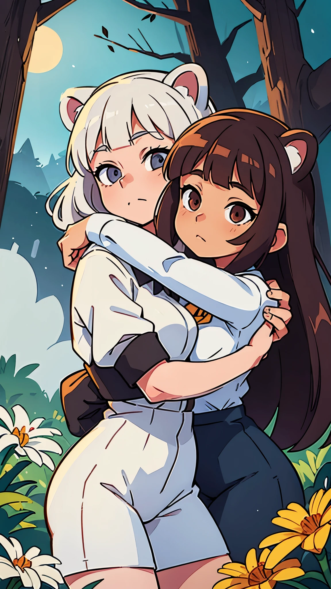 1 white haired female (cat ears) , 1 dark brown haired female (bear ears), white clothes, night time , forest, hugging