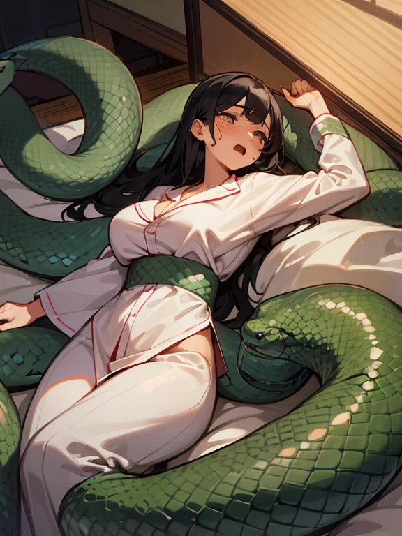 girl lays on a bed, 1girl, solo, breasts, ,black hair, long hair ,((lying on back)), (pajamas:1.0), white pajamas, (surrounded by snakes), lying, on back, (large breasts), (Background: Bedroom with tatami mats), on the bed sheet, flustered face, surprised face, confused, scared, panicking, (upset:1.0), open mouth, sweat, (snakes 1.5), (anaconda), (big snake), (coiled snake), (snake tail),pretty girl, (looking up:1.0), night, steam, best quality,detailed,high resolution,