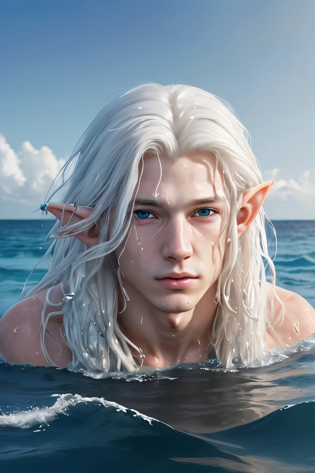 face of a beautiful 20 year old boy, long white hair, his hair is wet, his face is emerging from the sea, he is naked, without clothes, elf boy, sea elf, close-up on the face, coming out of the water.FACE