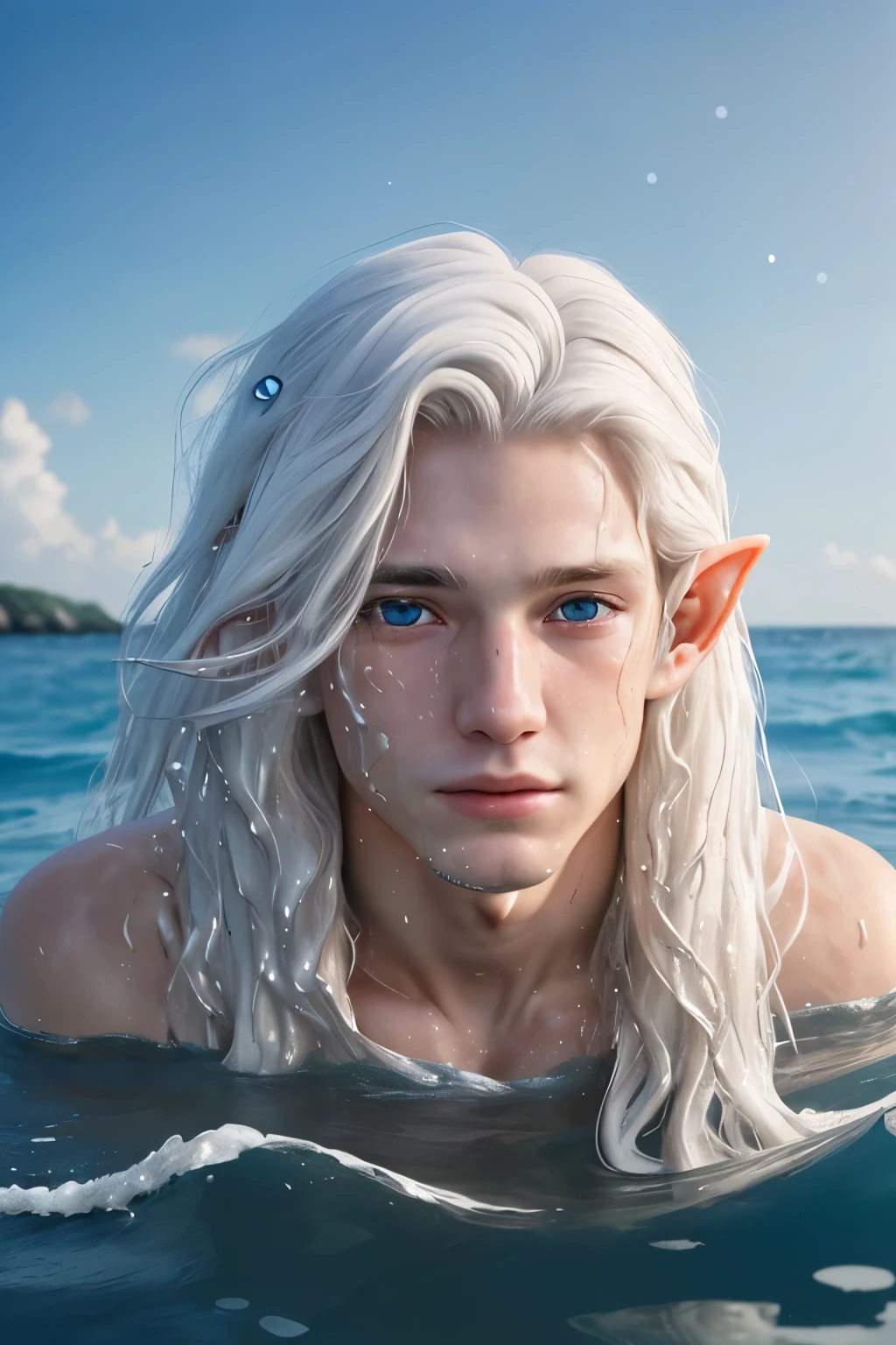 face of a beautiful 20 year old boy, long white hair, his hair is wet, his face is emerging from the sea, he is naked, without clothes, elf boy, sea elf, close-up on the face, coming out of the water.FACE