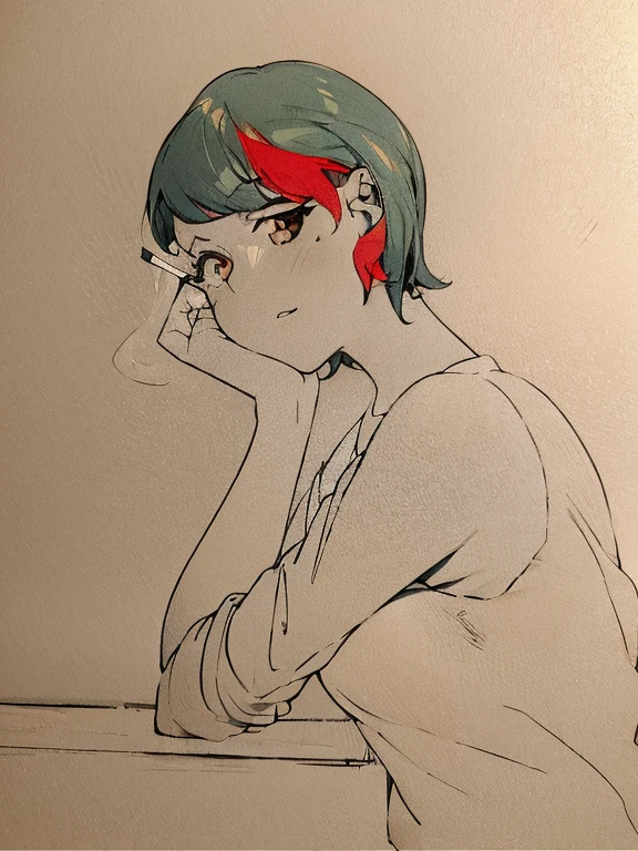 Draw a picture of a girl wearing a blue sweater sitting and smoking,A high-quality anime picture,Girl smoking while leaning on the table,orange eyes,blush,shy,Color map