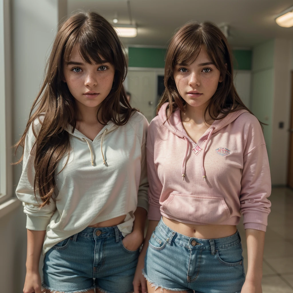 1girl, cute brunette girl, hair bangs, pink hoodie, jeans shorts, green eyes, ultra realistic soft skin, extreme detail, high masterpiece, 8k, photography, studio light, ultra realistic lighting, high realistic ray tracing, RAW photo, photo studio, perfect detailed cute face, perfect teenage details, freckles, school corridor
