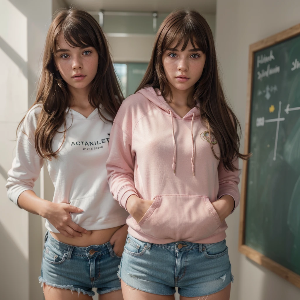 1girl, cute brunette girl, hair bangs, pink hoodie, jeans shorts, green eyes, ultra realistic soft skin, extreme detail, high masterpiece, 8k, photography, studio light, ultra realistic lighting, high realistic ray tracing, RAW photo, photo studio, perfect detailed cute face, perfect teenage details, freckles, school corridor