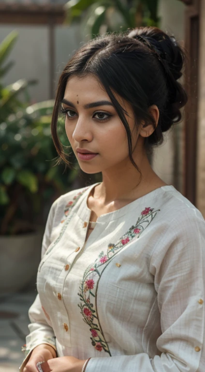 ultra-realistic photographs,Indian Instagram female model,mid 20s,9:16,mid-shot,beautiful detailed eyes,detailed lips,longeyelashes,black bun hair, naturally full eyebrows,perfectly formed nose,expressive face,attractive appearance,confident and elegant posture,graceful movement,vibrant and colorful kurta dress, floral patterns, Lal kila background, serene atmosphere,stunning architecture,soft and natural lighting,vivid colors,photorealistic,HDR,highres,studio lighting,ultra-detailed,bokeh,fully covered clothes