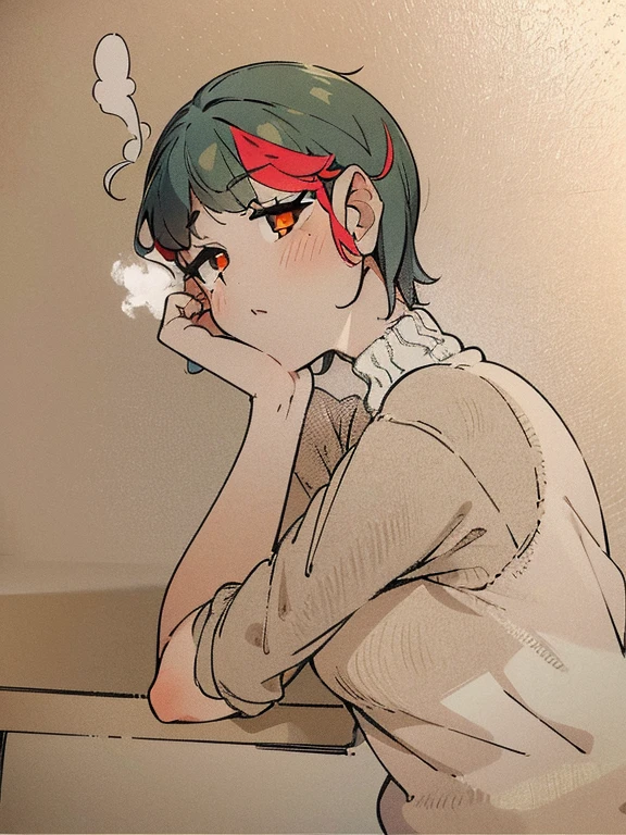 Draw a picture of a girl wearing a blue sweater sitting and smoking,A high-quality anime picture,Girl smoking while leaning on the table,orange eyes,blush,shy,Color map