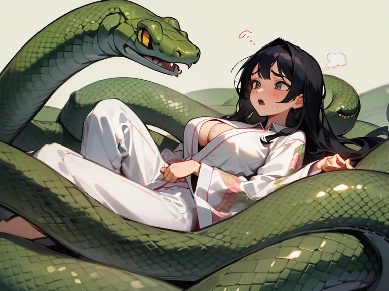 girl lays on a bed, 1girl, solo, breasts, ,black hair, long hair ,((lying on back)), (pajamas:1.0), white pajamas, (surrounded by snakes), lying, on back, (large breasts), (Background: Bedroom with tatami mats), on the bed sheet, flustered face, surprised face, confused, scared, panicking, (upset:1.0), open mouth, sweat, (snakes 1.5), (anaconda), (big snake), (coiled snake), (snake tail),pretty girl, (looking up:1.0), night, steam, best quality,detailed,high resolution,