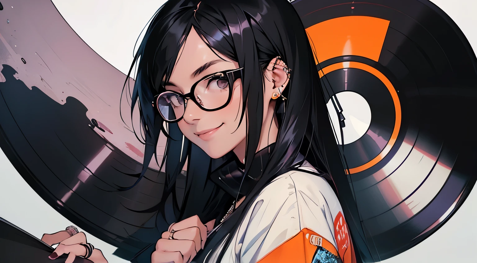((vinyl record)), (a girl, black hair, wearing glasses, wearing rings, kindly smiling), otherworldly, unusual, romantic, abstract, art, mystery, masterpiece, epic, cool
