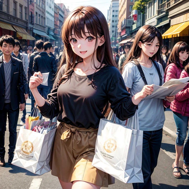 anime、beautiful girl、brown hair、black eyes shine、morning、bustling street、crowd、shopping、paper bag in hand、smile