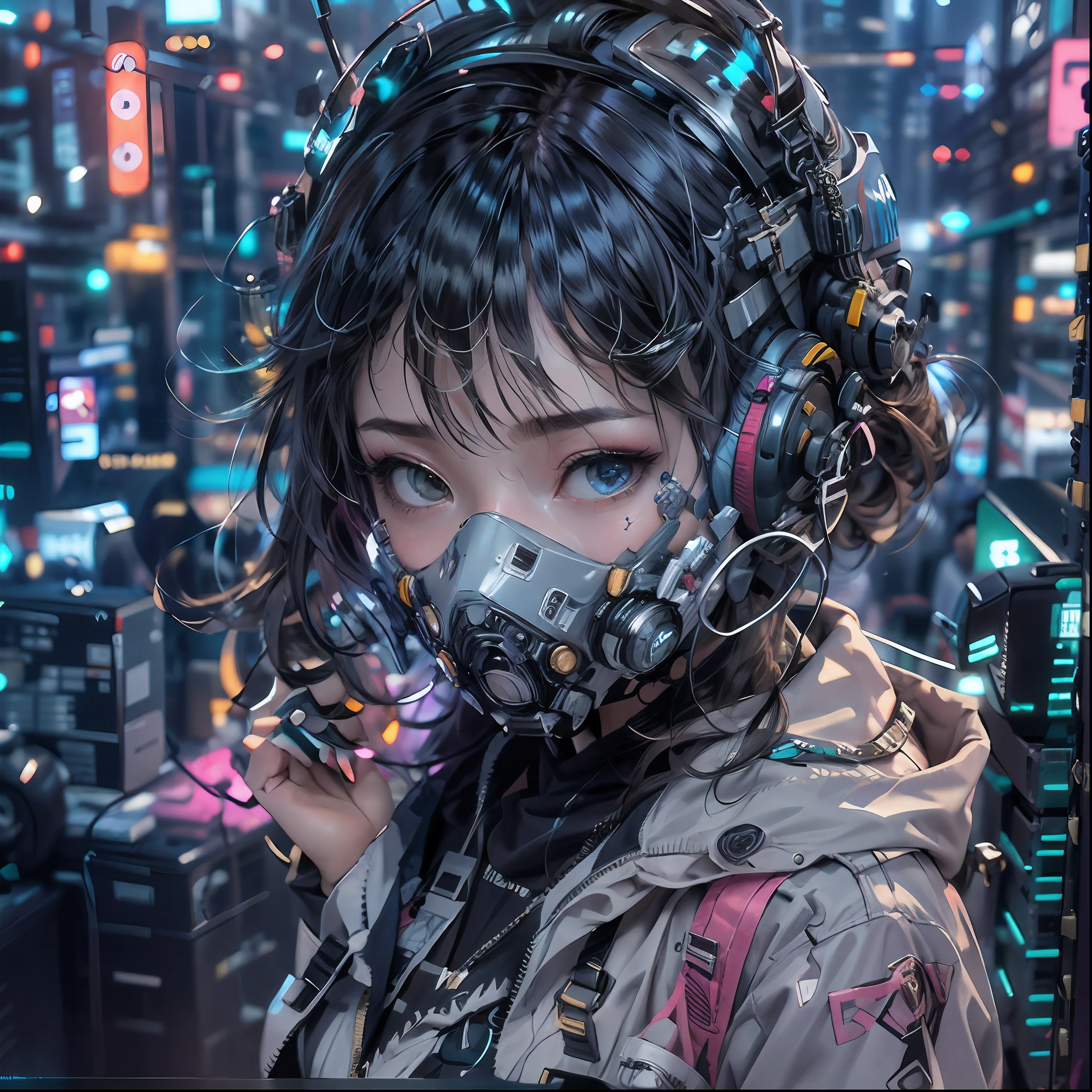 1 garota, wear a cyberpunk mask, Neon mask, Detail mask, retrato de rosto, Close-up, de cima, cidade ciberpunk