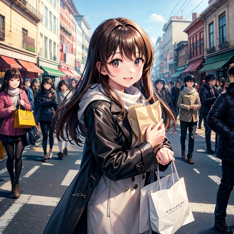anime、beautiful girl、brown hair、black eyes shine、morning、bustling street、crowd、shopping、paper bag in hand、smile、winter、coat