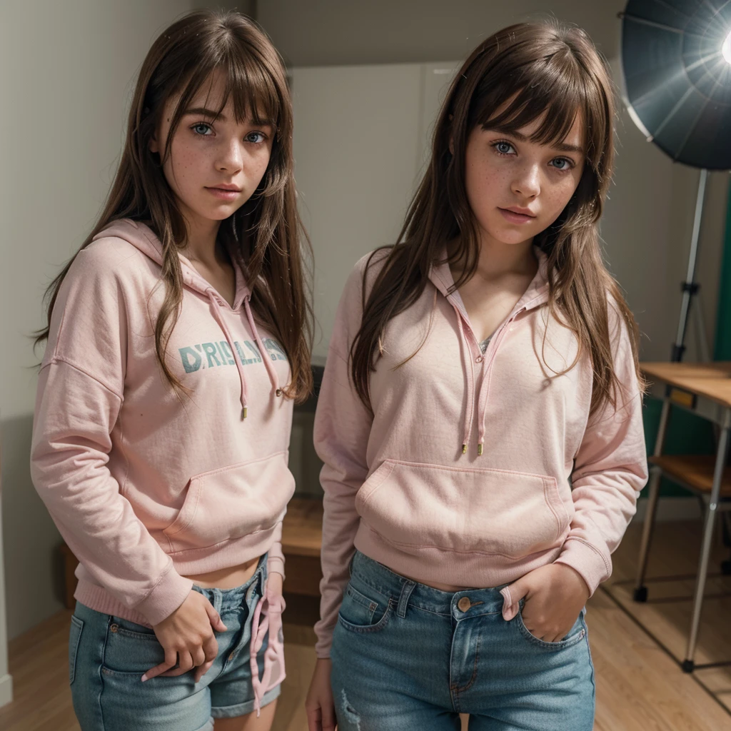 1girl, cute brunette girl, hair bangs, pink hoodie, jeans shorts, green eyes, ultra realistic soft skin, extreme detail, high masterpiece, 8k, photography, studio light, ultra realistic lighting, high realistic ray tracing, RAW photo, photo studio, perfect detailed cute face, perfect age details, freckles, school corridor