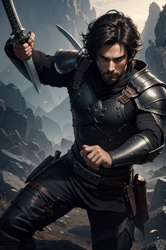 8K,A young man in jet black armor holding a sword in the wilderness,Demon slayer wearing jet black armor, disheveled brown hair,Super handsome young man,Graphic Artist ,epic exquisite character art, 超A high resolution,super realistic skin,Fantasyart,action scene,acrobatic scene,youth,lad,good-looking,have a long and large sword,Precise details of the hand holding the sword,