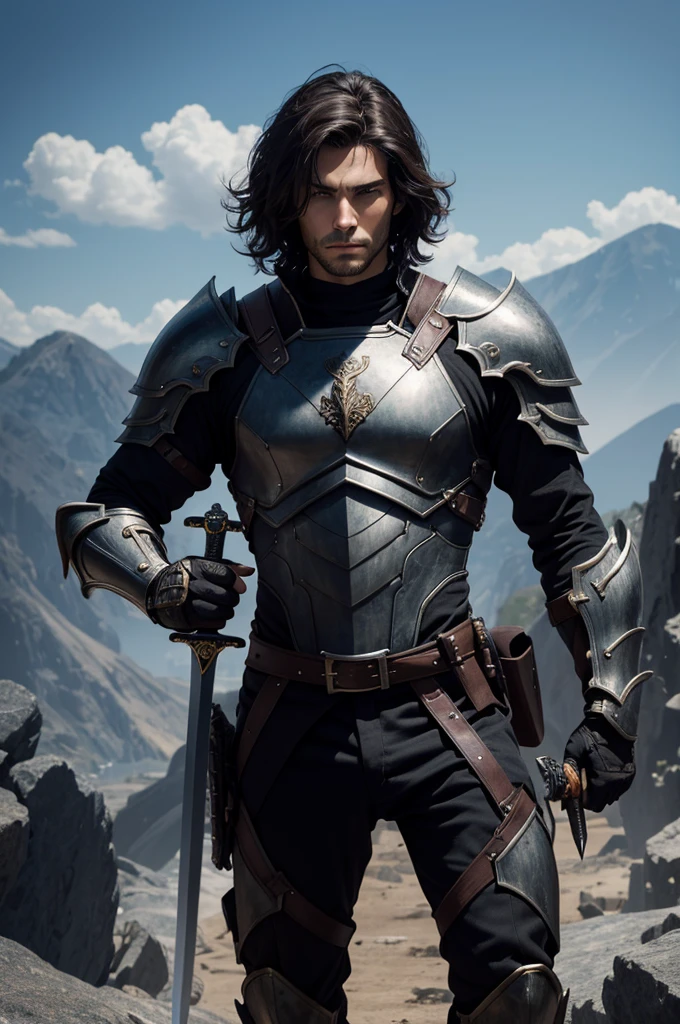 8K,A young man in jet black armor holding a sword in the wilderness,Demon slayer wearing jet black armor, disheveled brown hair,Super handsome young man,Graphic Artist ,epic exquisite character art, 超A high resolution,super realistic skin,Fantasyart,action scene,acrobatic scene,youth,lad,good-looking,have a long and large sword,Precise details of the hand holding the sword,
